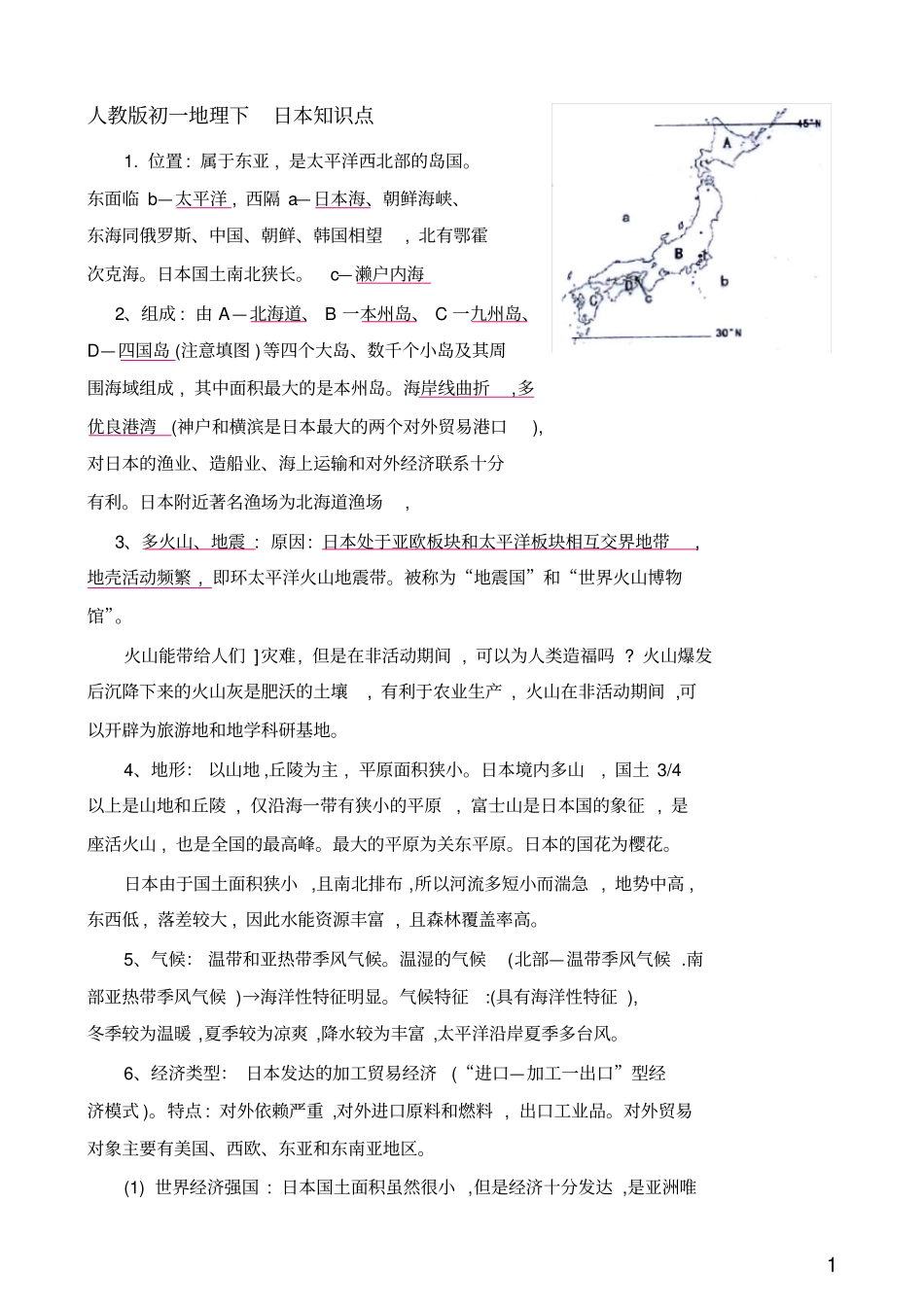 人教版初一地理下地理日本知识点_第1页