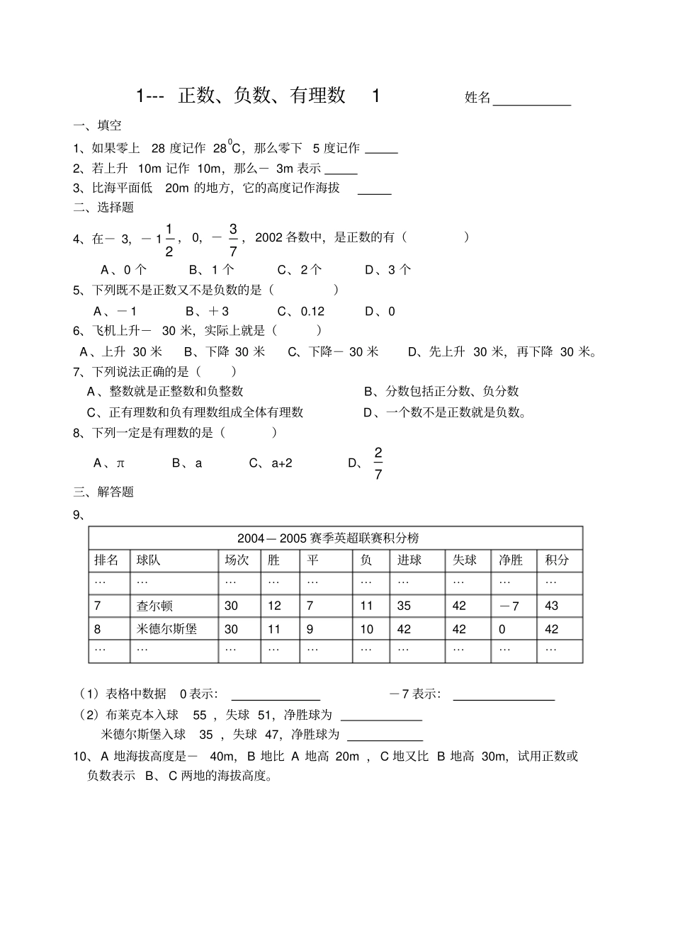 人教版初一数学上册正负数练习题_第1页