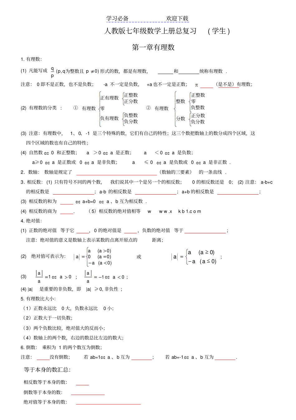 人教版初一数学上册知识点归纳总结及练习题_第1页