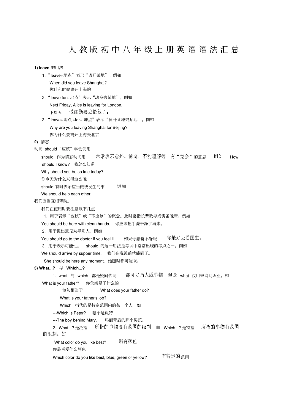 人教版初中八年级,上册英语语法汇总_第1页