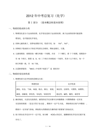 人教版初中化学总复习资料重要