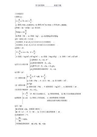 人教版初中物理公式大全中考复习