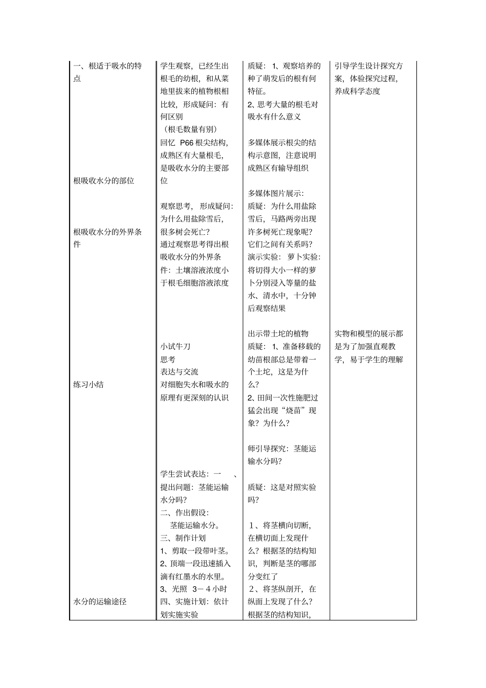 人教版初中生物科学七年级上册水分进入植物体内的途径教学设计附反思_第3页