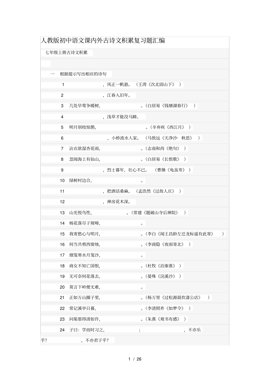 人教版初中语文课内外古诗文积累复习题汇编_第1页