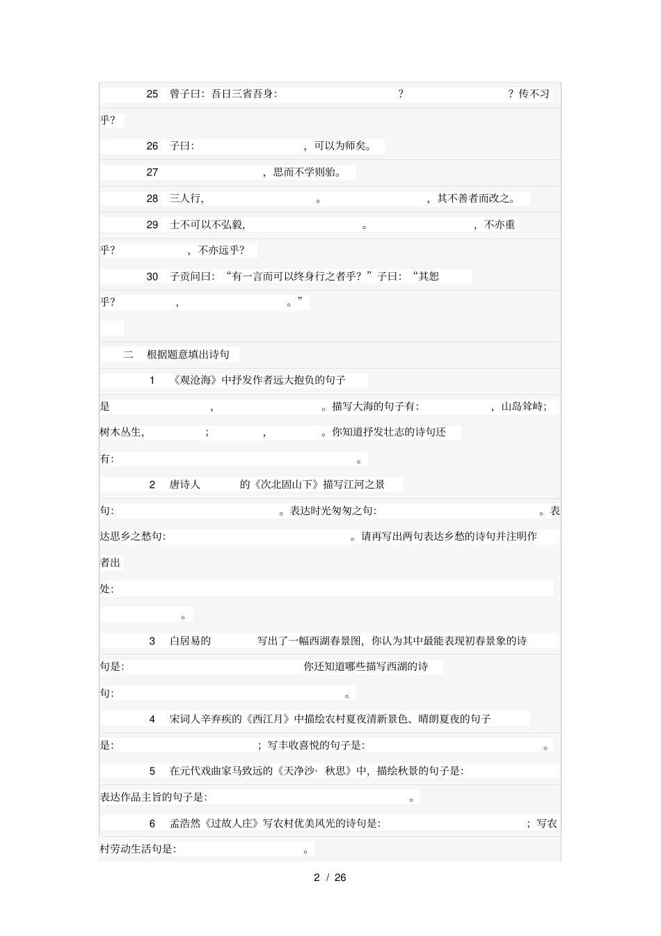 人教版初中语文课内外古诗文积累复习题汇编_第2页