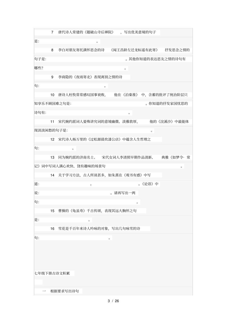 人教版初中语文课内外古诗文积累复习题汇编_第3页