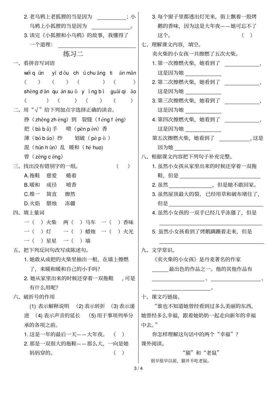 人教版卖火柴的小女孩课堂作业_第3页