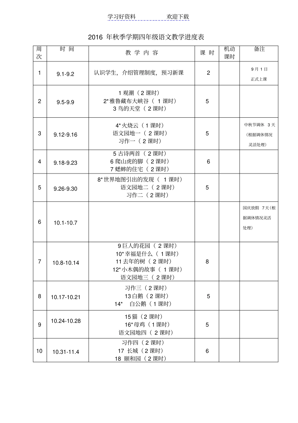 人教版四年级语文上册教学进度表_第1页