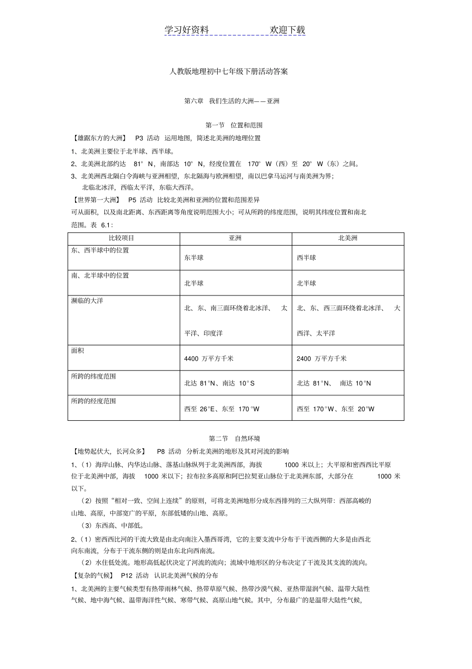 人教版地理七年级下册活动答案_第1页