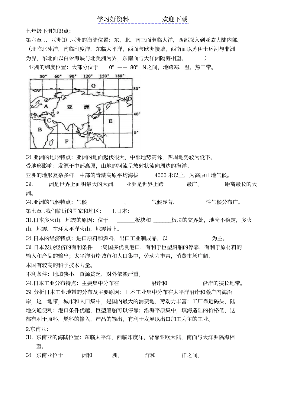 人教版地理七年级下册知识点_第1页