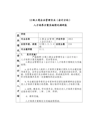 会计专业人才培养方案实施情况调研表