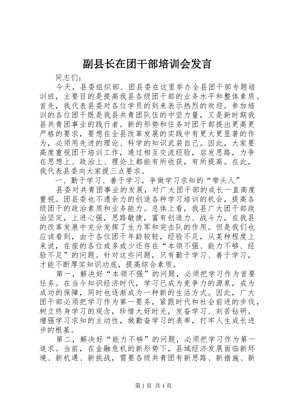 副县长在团干部培训会发言_第1页