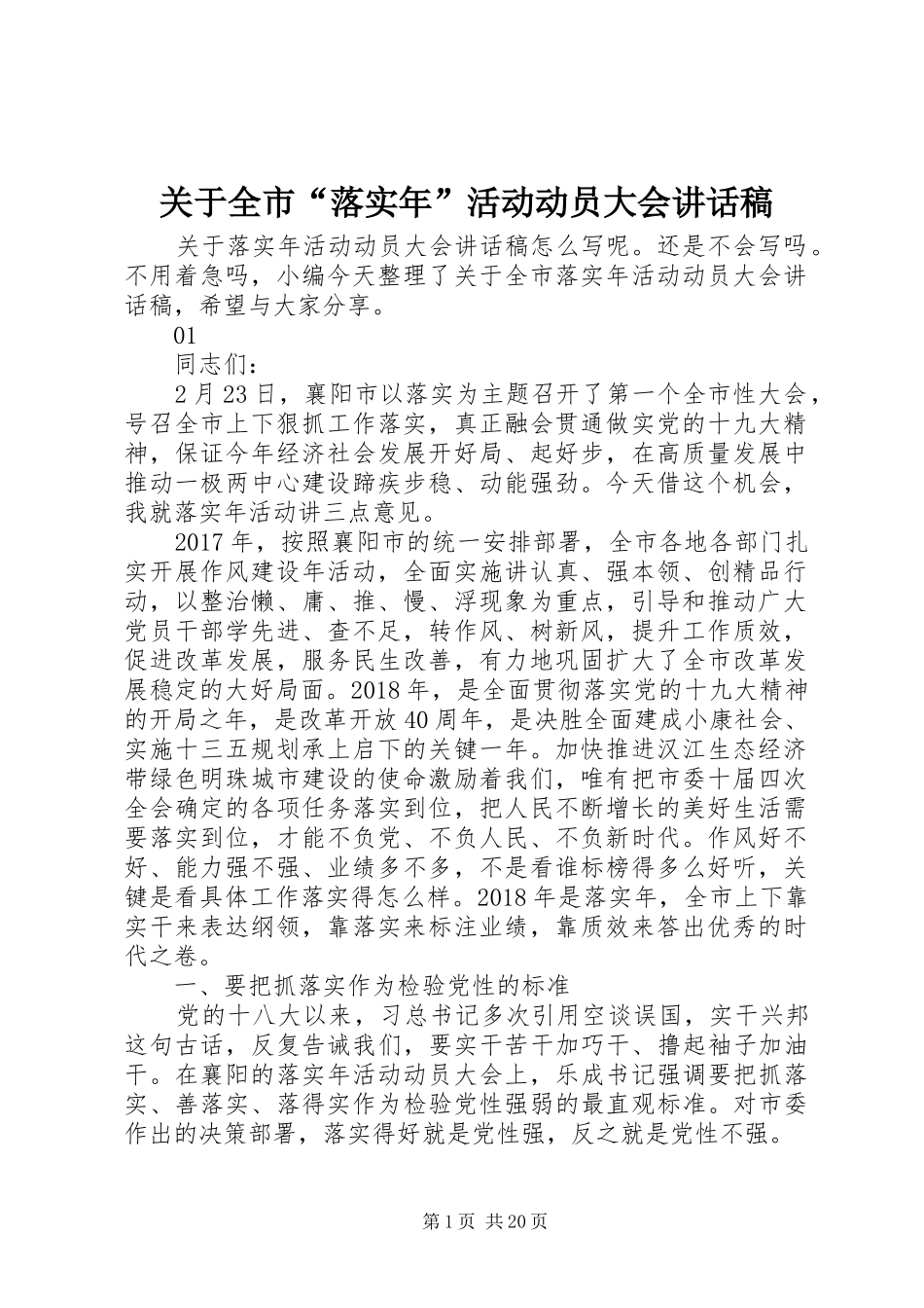 关于全市“落实年”活动动员大会讲话稿_第1页