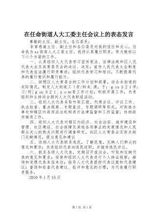 在任命街道人大工委主任会议上的表态发言