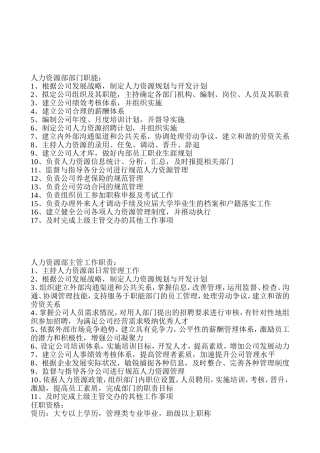 人力资源部门职责及部门岗位说明书