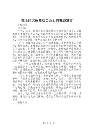 在全区大招商动员会上的表态发言