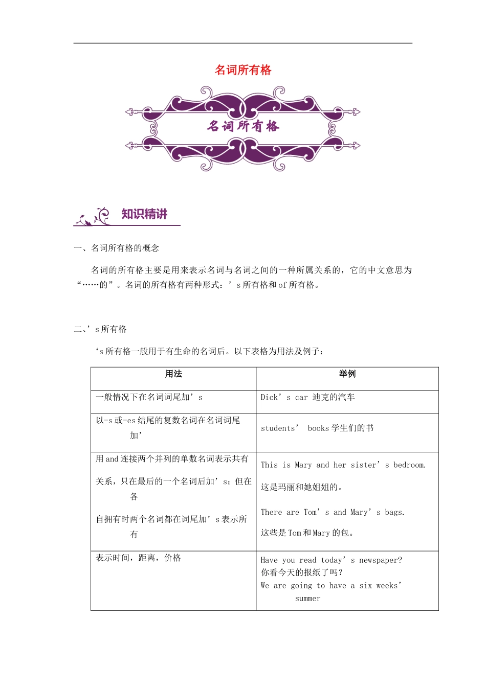 中考英语专题讲练： 名词所有格(含解析)_第1页