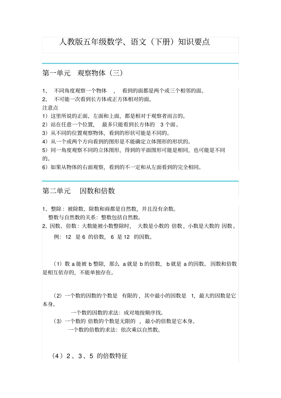 人教版小学五年级数学、语文下册知识要点_第1页