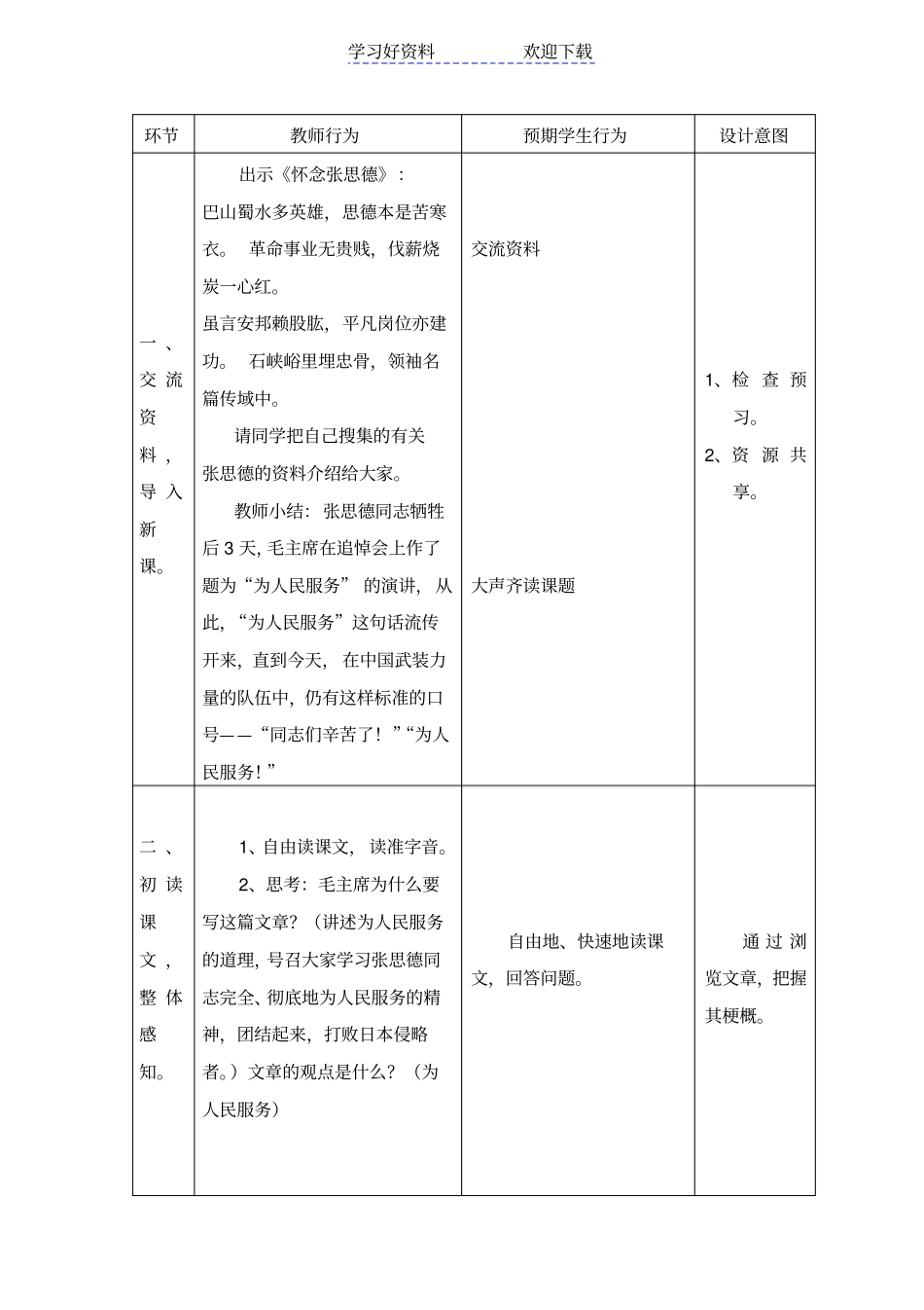 人教版小学六年级为人民服务表格式教学设计_第2页