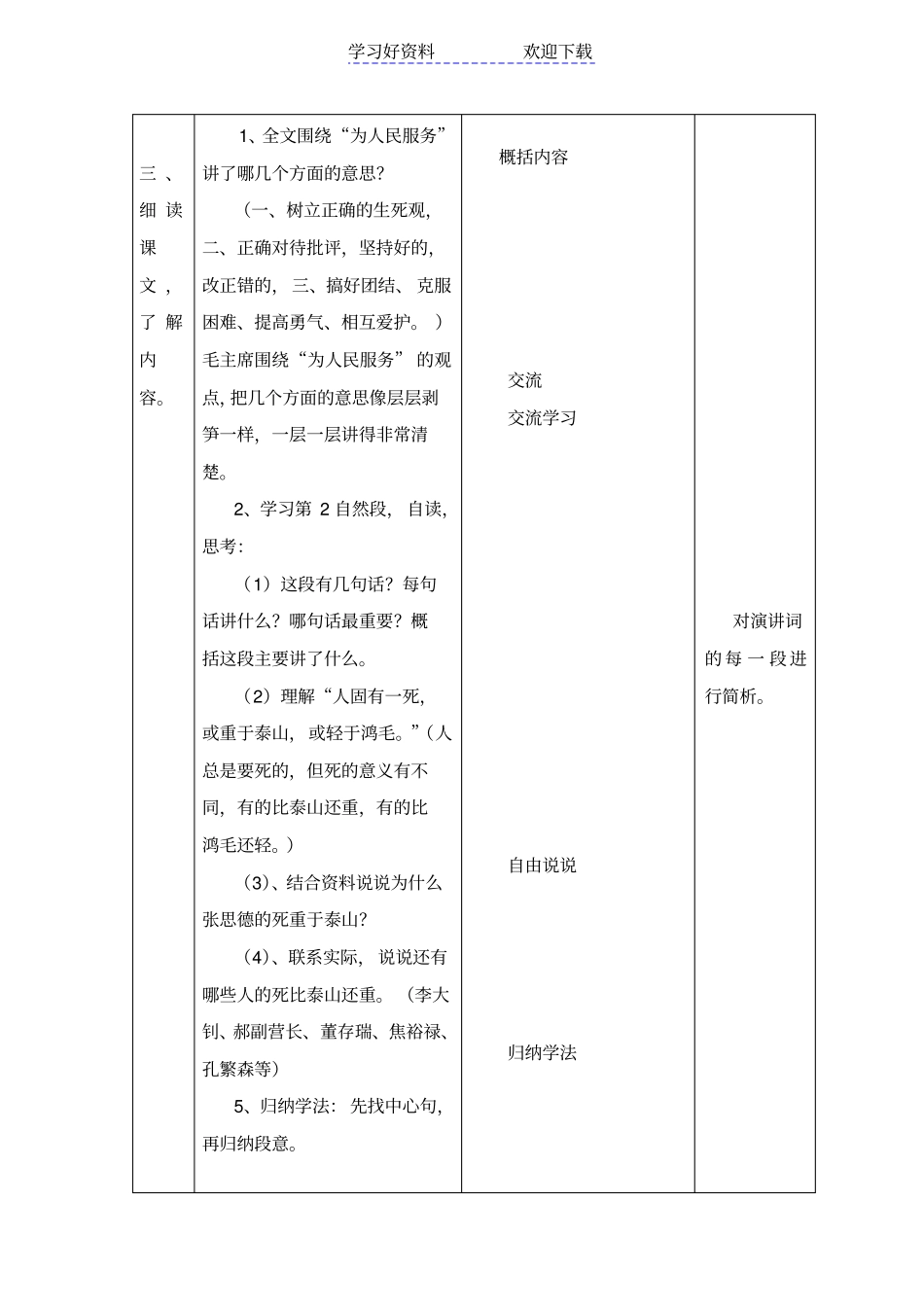 人教版小学六年级为人民服务表格式教学设计_第3页
