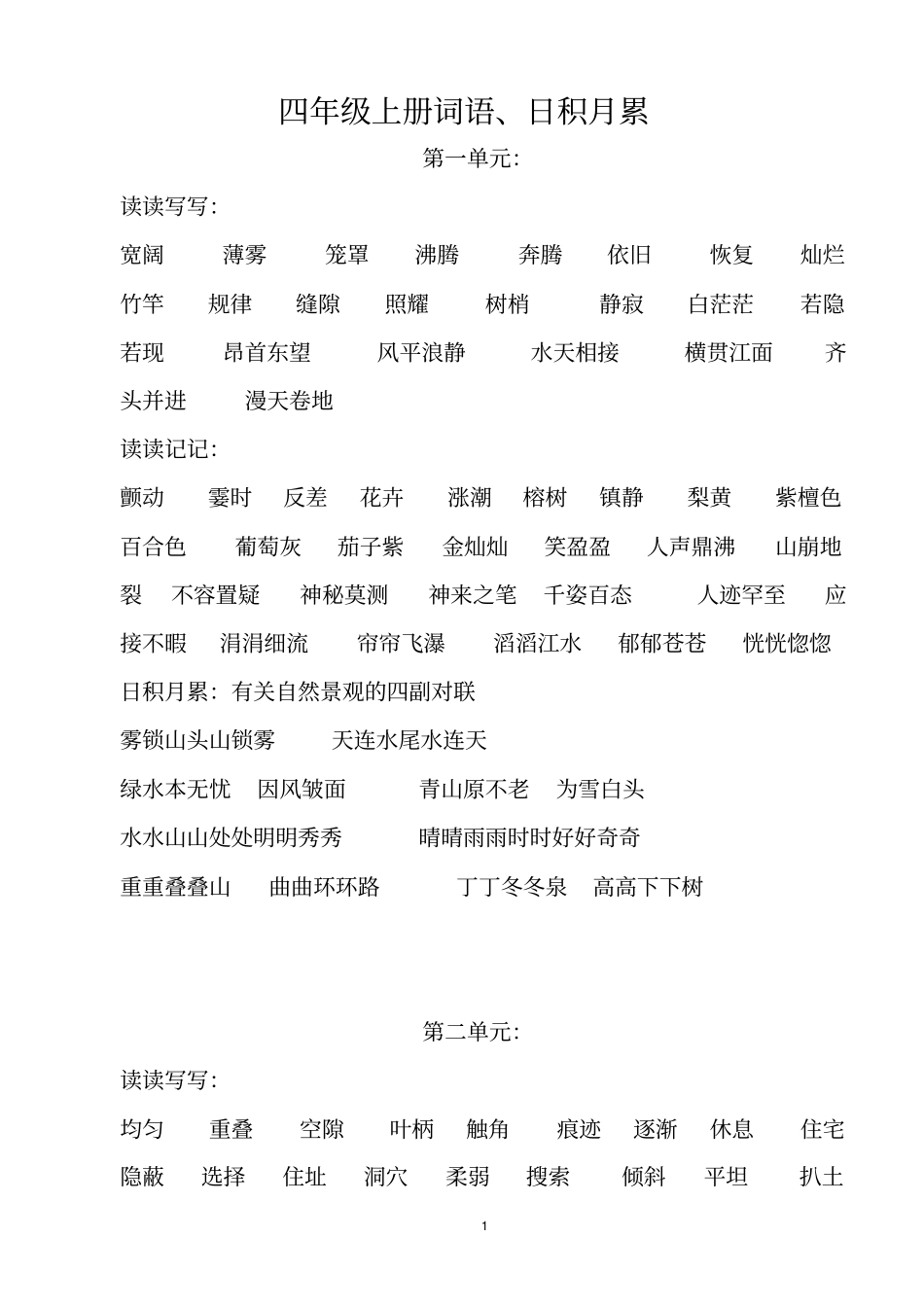 人教版小学四年级上册语文-词语盘点、日积月累汇总_第1页