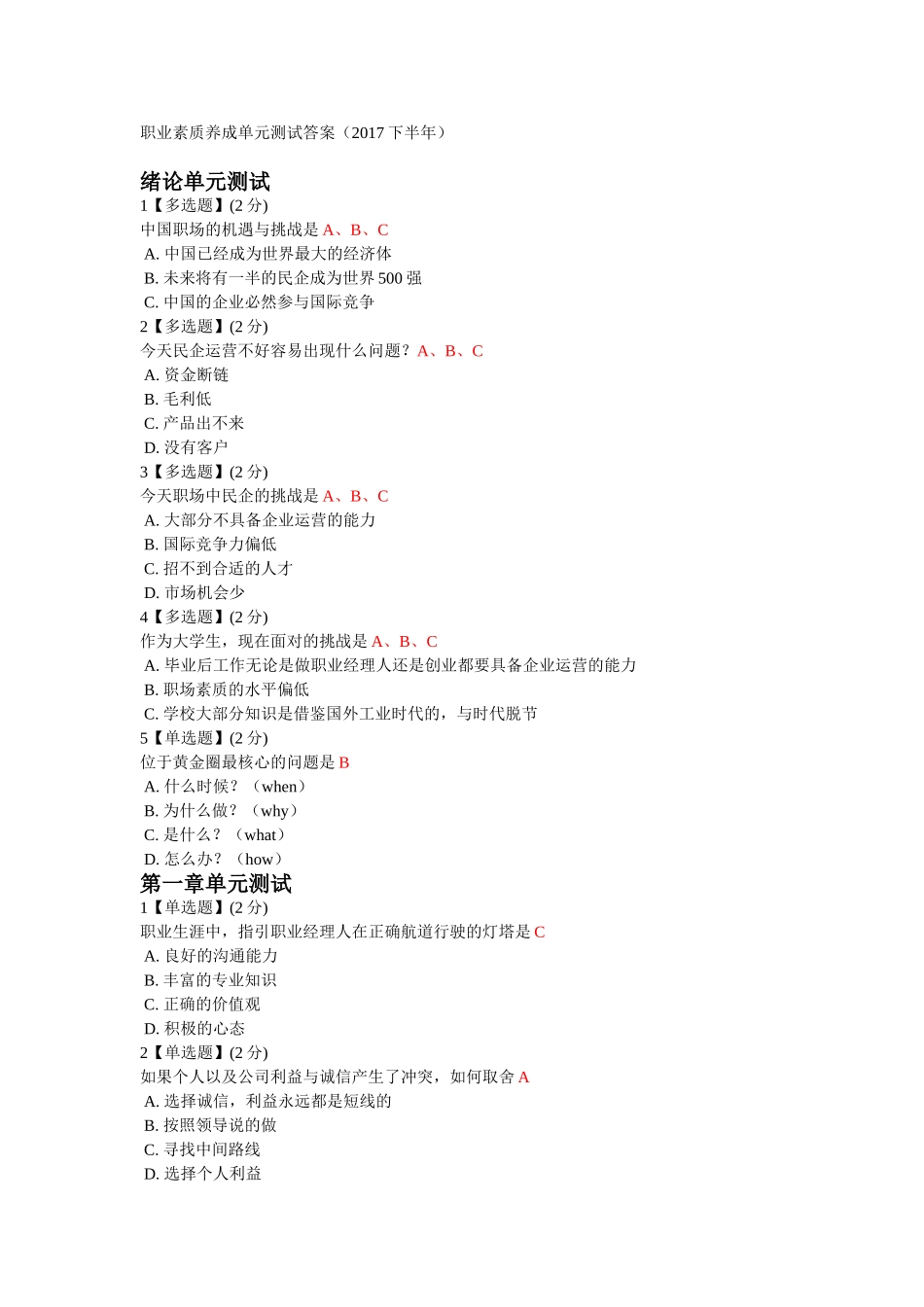 智慧树职业素质养成单元测试答案(2017下半年)_第1页