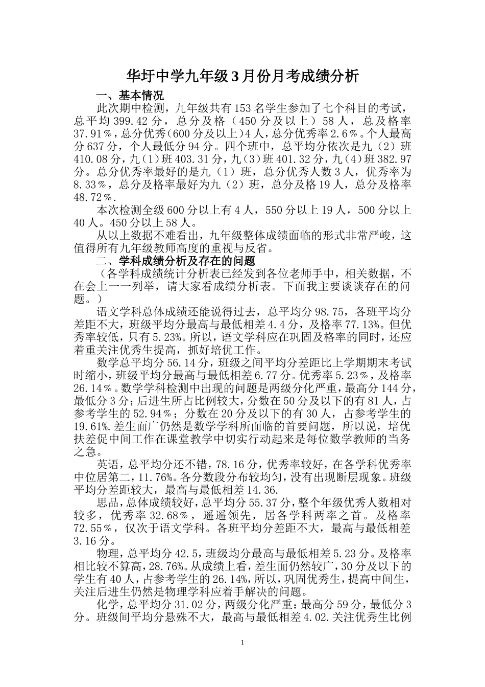 九年级3月份月考成绩分析_第1页