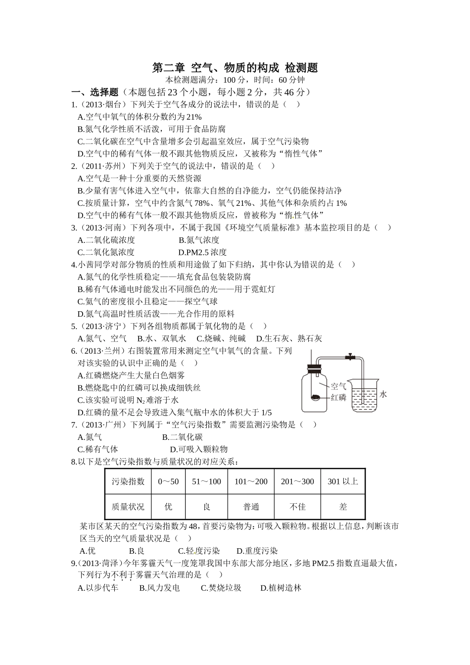 九年级化学(上)(粤教版)第二章 空气、物质的构成 检测题_第1页