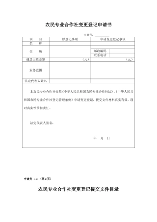 农民专业合作社变更申请书