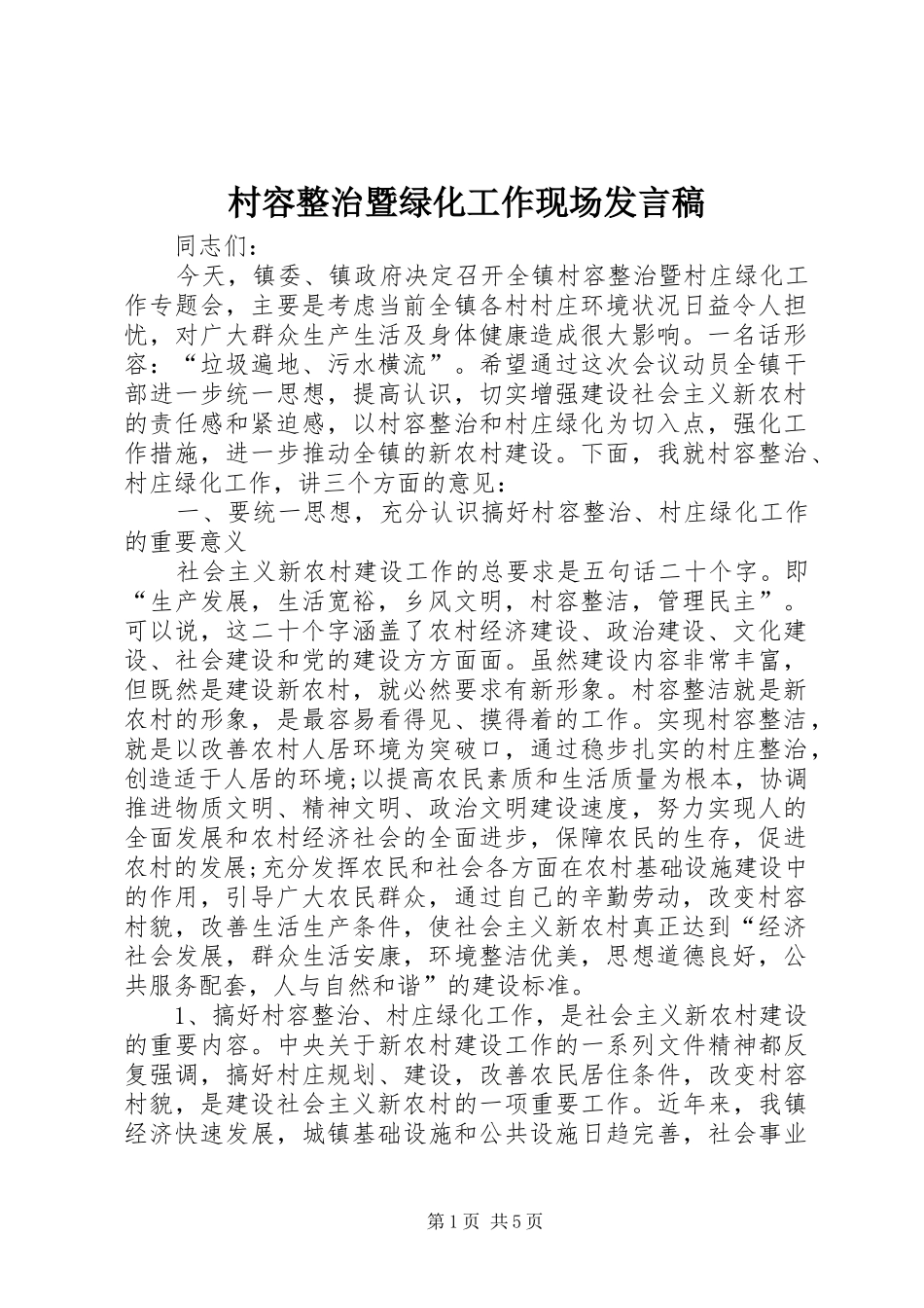 村容整治暨绿化工作现场发言稿_第1页