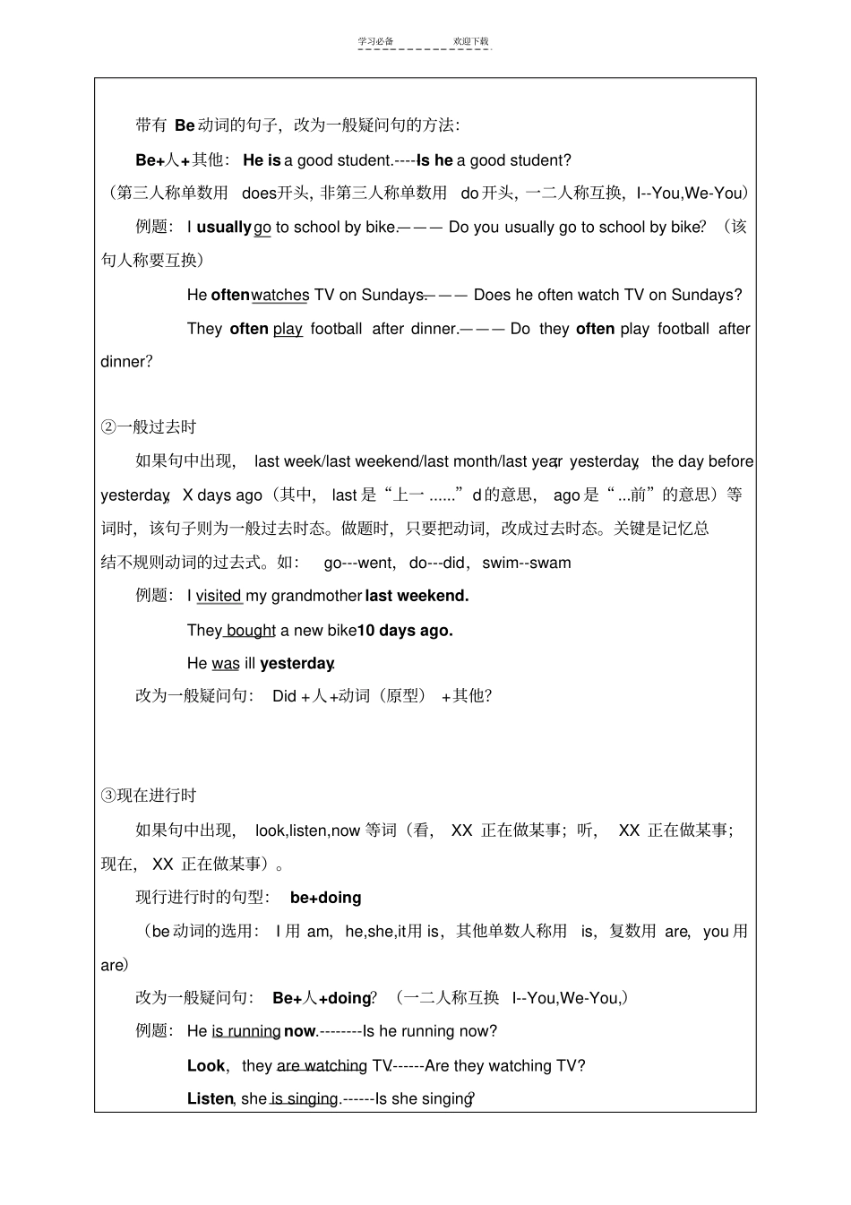 人教版小学英语语法--时态总结一般现在时,一般过去式,现在进行时,一般词_第2页