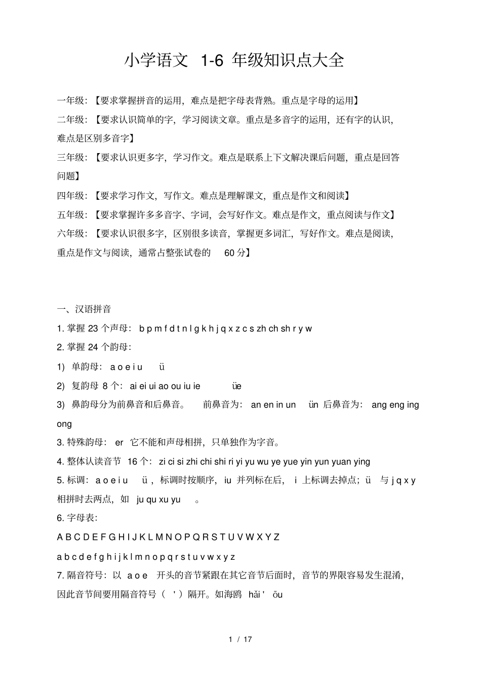 人教版小学语文16年级知识点大全_第1页