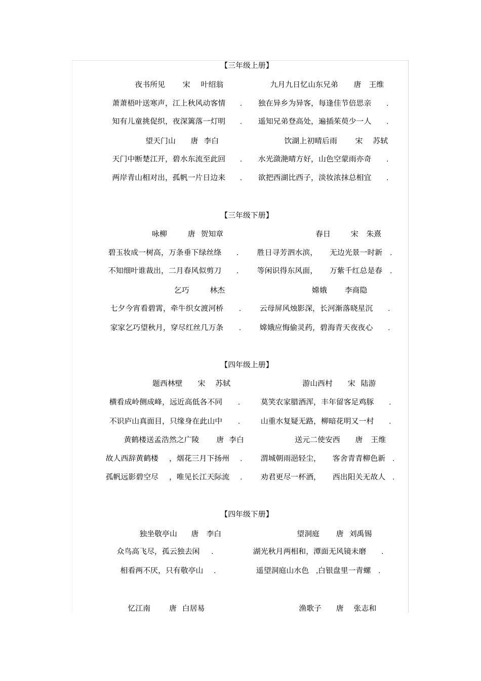 人教版小学语文一到六课本古诗词集锦_第2页