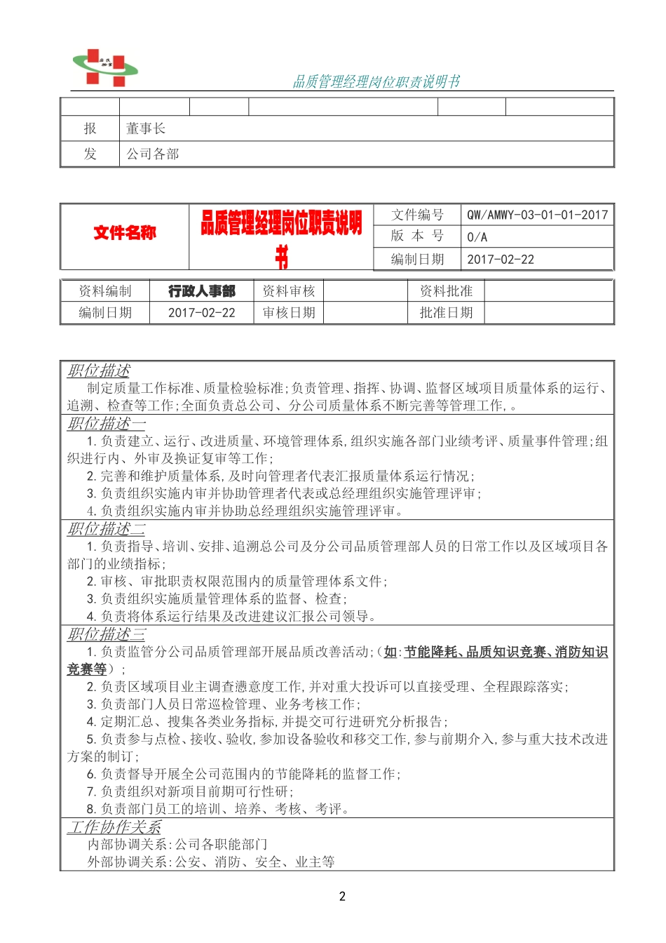 品质部经理岗位职责说明书_第2页