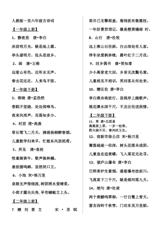 人教版一至六年级全部古诗汇总集