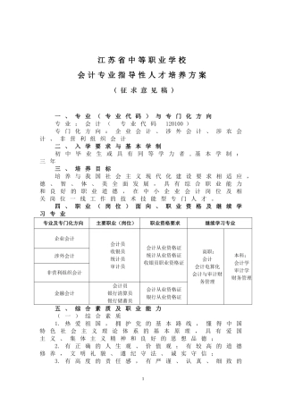 中等职业教育会计专业指导性人才培养方案(征求意见稿)