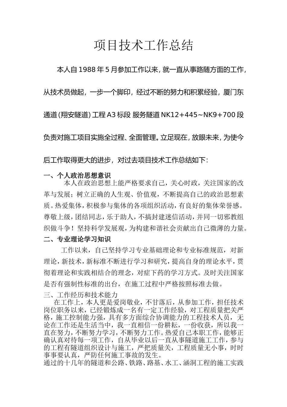 路桥 中级工程师项目技术工作总结-佳_第1页