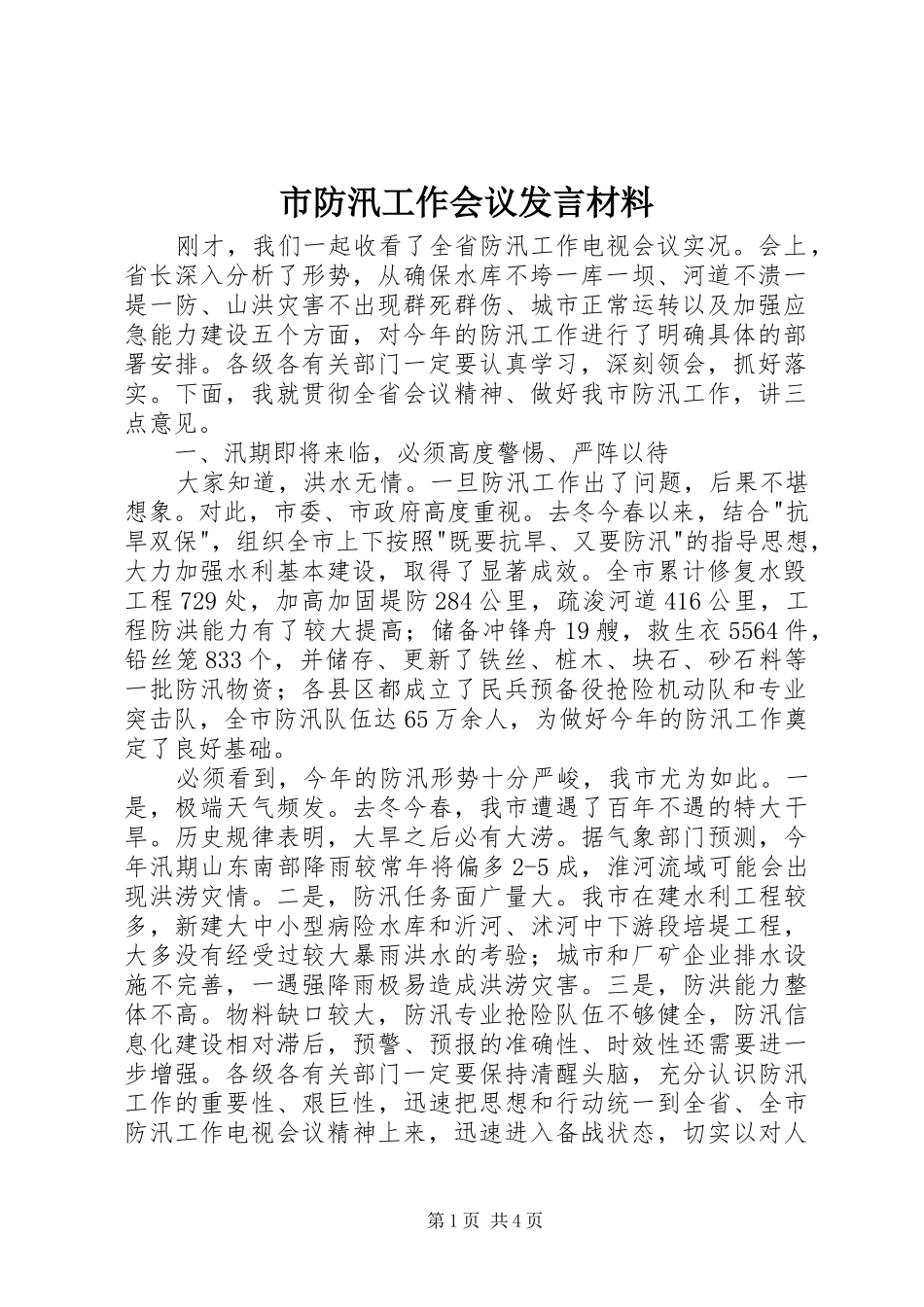 市防汛工作会议发言材料_第1页