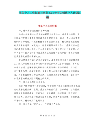 党务个人工作打算与党员2024年争先创优个人计划汇编