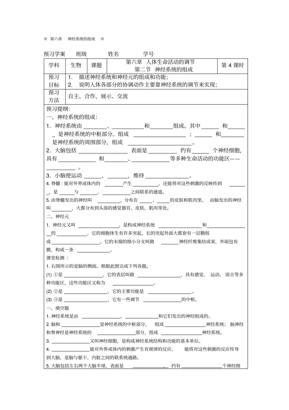 人教版生物七年级下册神经系统的组成导学案_第1页