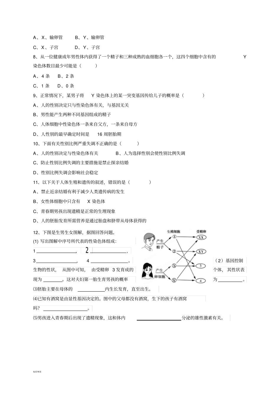 人教版生物八下人的性别遗传练习题_第2页