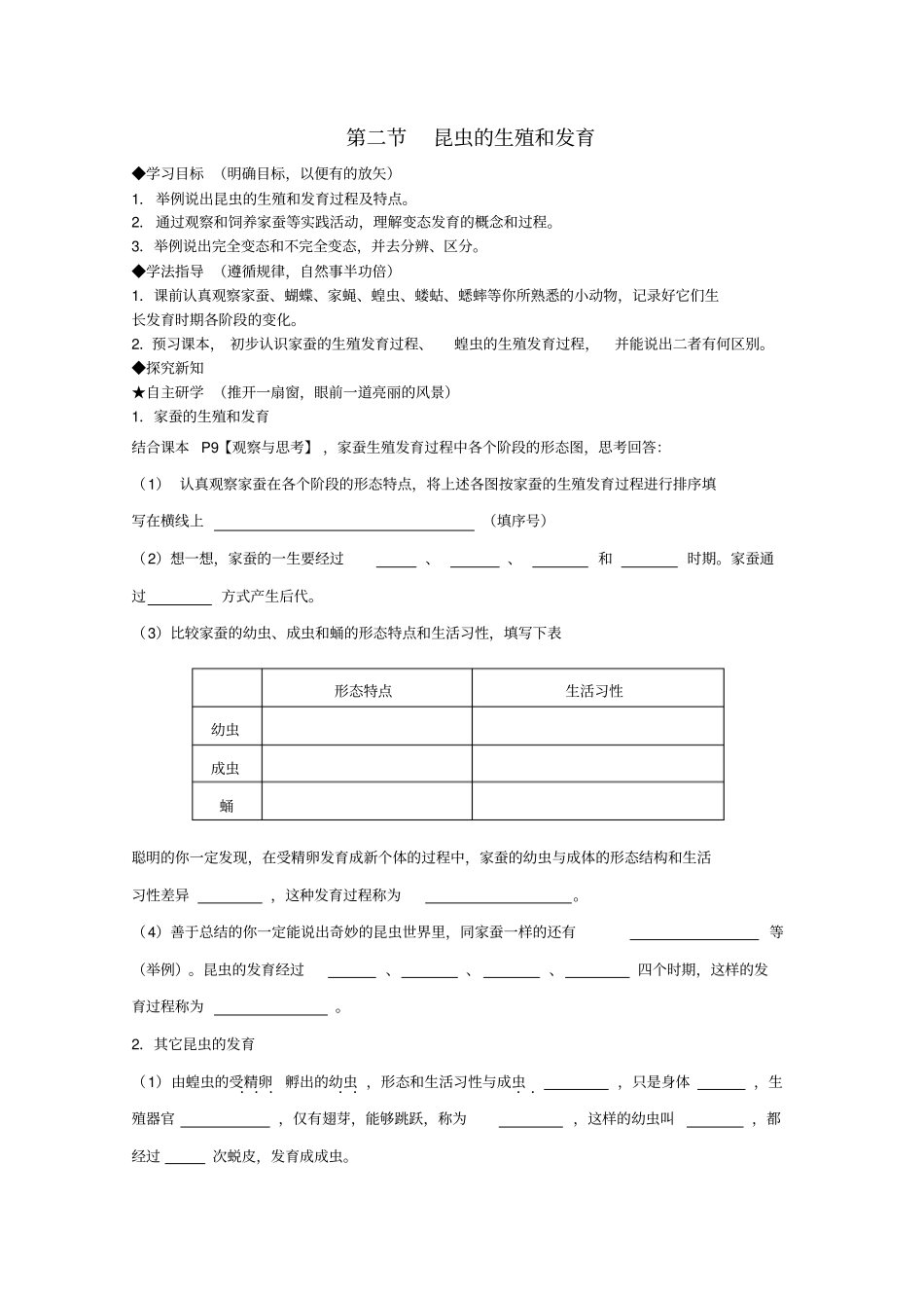 人教版生物八年级下昆虫的生殖和发育导学案_第1页