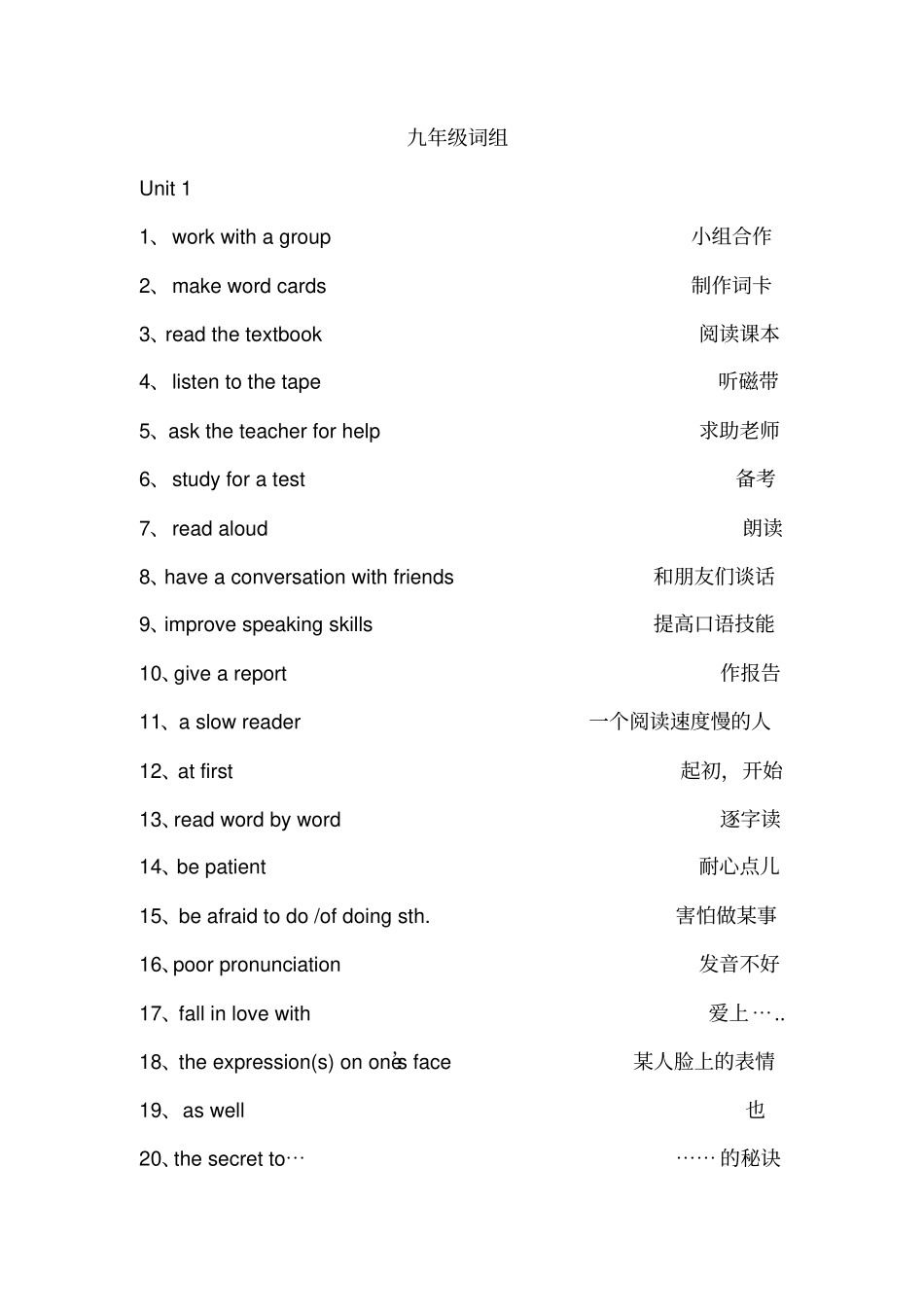 人教版英语九年级词组_第1页