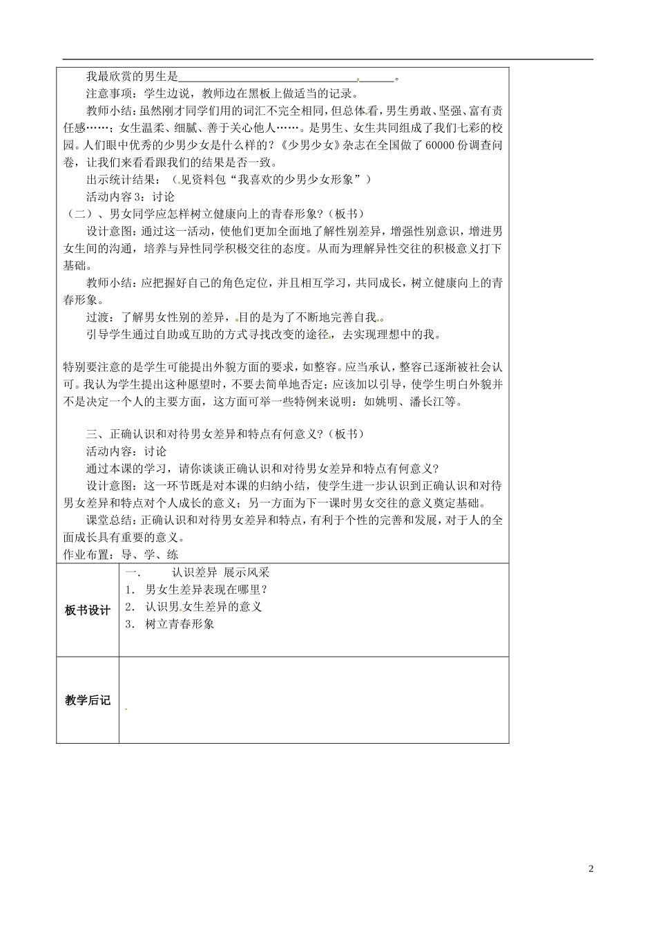 江苏省太仓市第二中学七年级政治上册《第八课第一框认识差异》教案苏教版_第2页