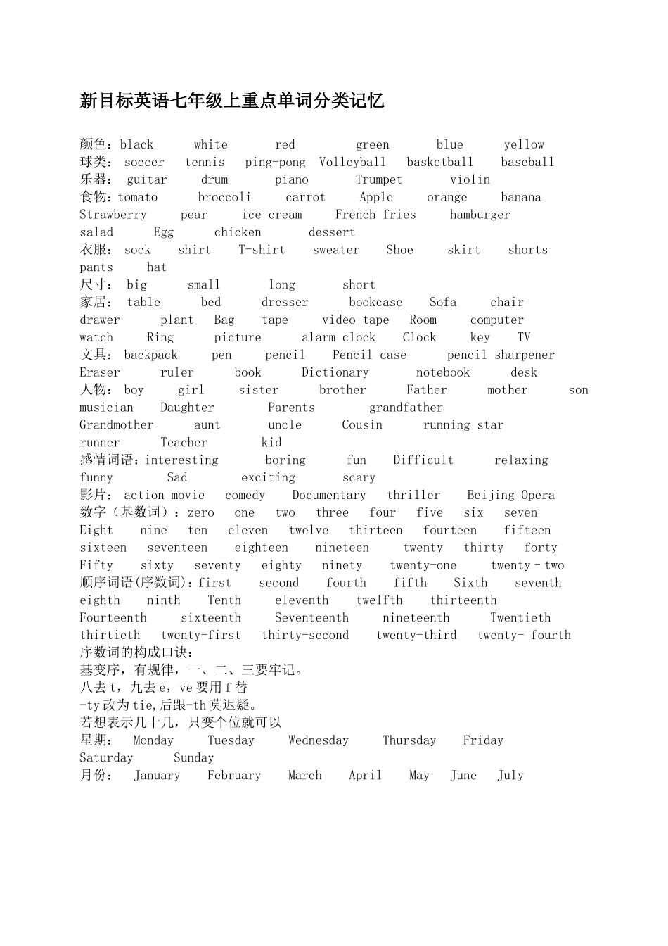 新目标英语七年级(上)重点单词分类记忆_第1页