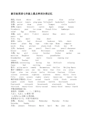 新目标英语七年级(上)重点单词分类记忆