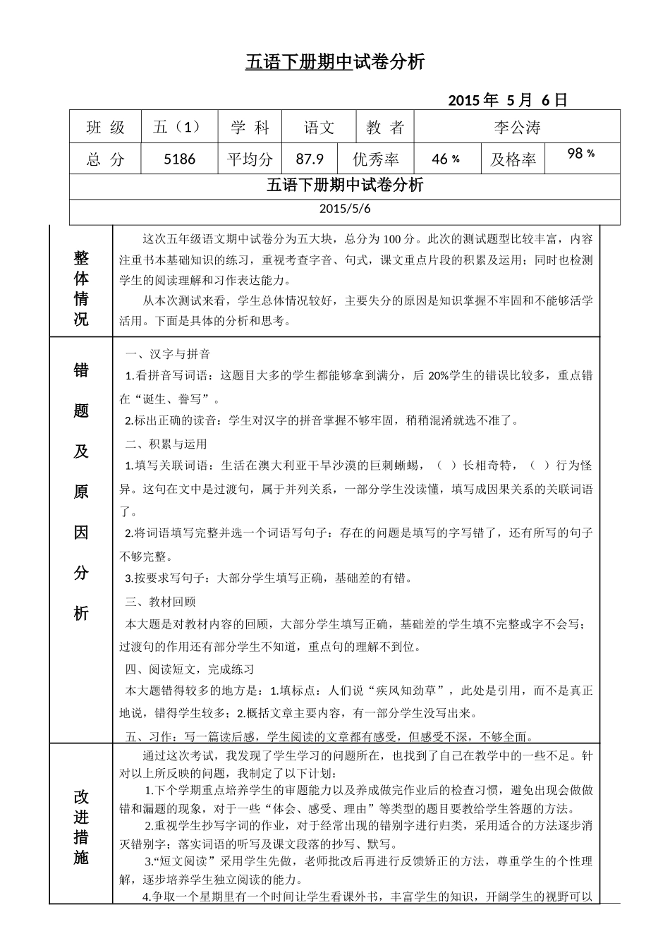 五下期中试卷分析_第1页