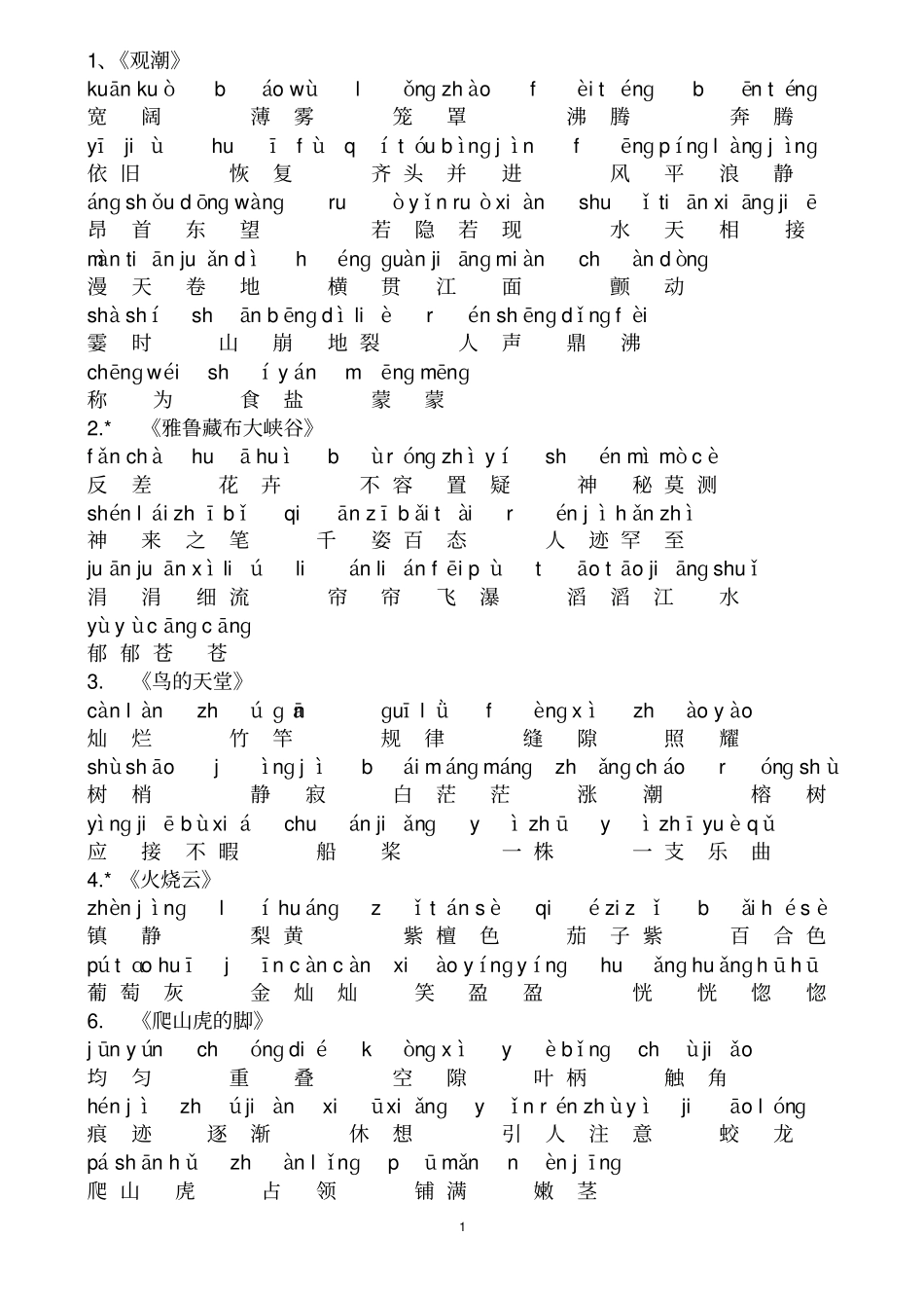 人教版语文四年级上册词语表汇总_第1页