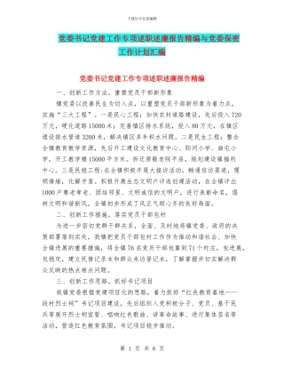 党委书记党建工作专项述职述廉报告精编与党委保密工作计划汇编