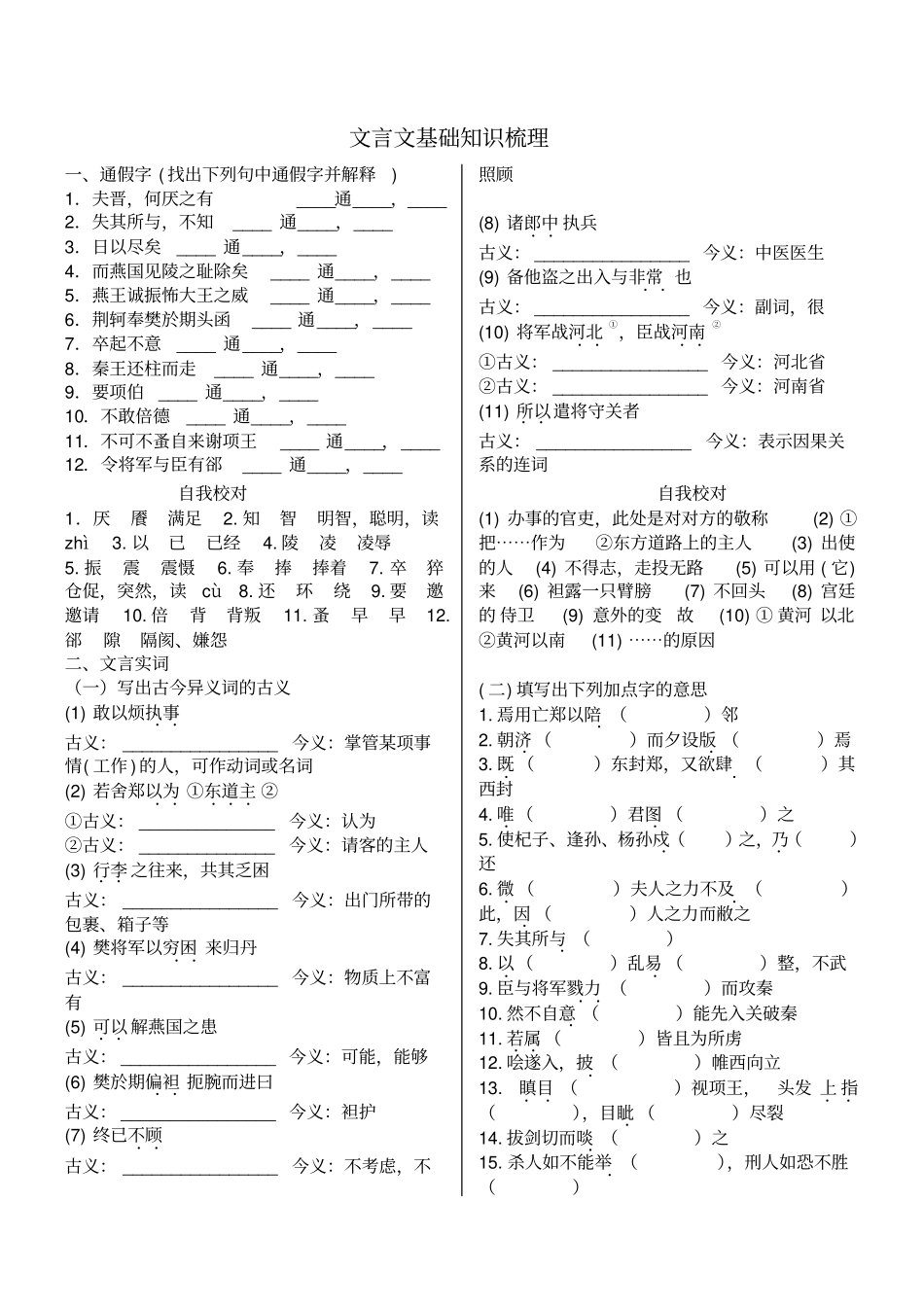 人教版语文必修一必修二文言文基础知识梳理填空_第1页